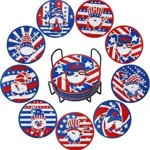 Red White and Blue Gnome DIY Diamond Painting Coasters with Holder - BRAND NEW